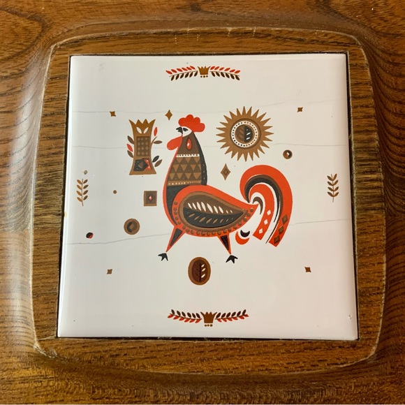 Vintage Wood Chicken Rooster Ceramic Tile Cheese Charcuterie Serving Tray Board - Picture 6 of 8